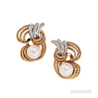 18kt Gold, Pearl, and Diamond Earclips