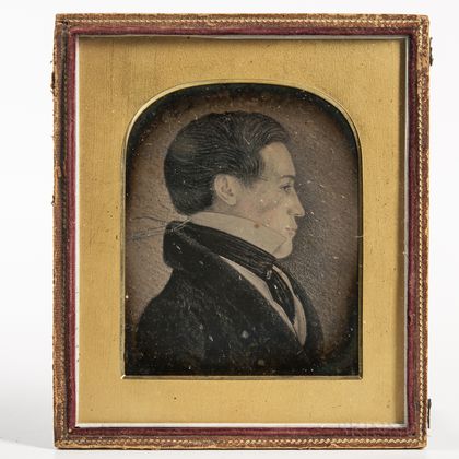 Half-plate Daguerreotype of a Folk Portrait Profile Drawing of a Young Man