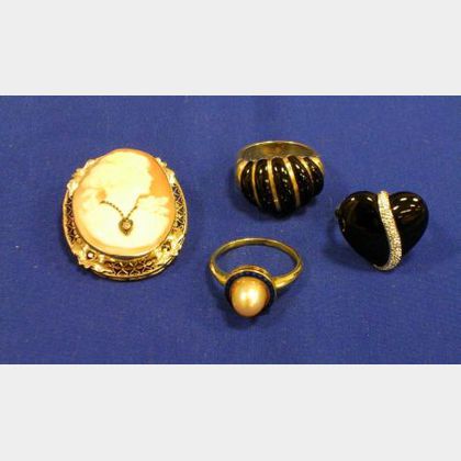 Gold, Enamel, and Pearl Ring, Two Gold and Black Enamel Rings, and a Carved Shell Portrait Cameo. 