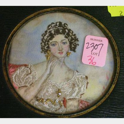 Framed Miniature Painted and Embroidered Portrait of a Lady. 
