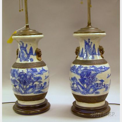 Pair of Chinese Crackle Glazed Blue and White Decorated Porcelain Table Lamps. 