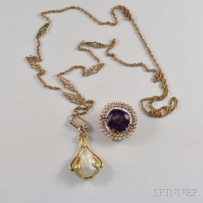 Art Nouveau 14kt Gold and Pearl Necklace and 14kt Gold and Amethyst Brooch