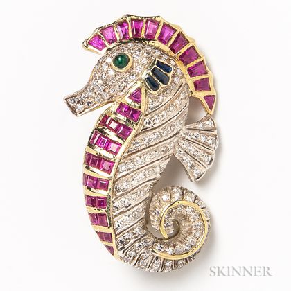 18kt Gold, Diamond, Ruby, Sapphire, and Emerald Seahorse Pendant/Brooch