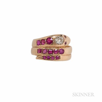 Gold, Ruby, and Diamond Snake Ring