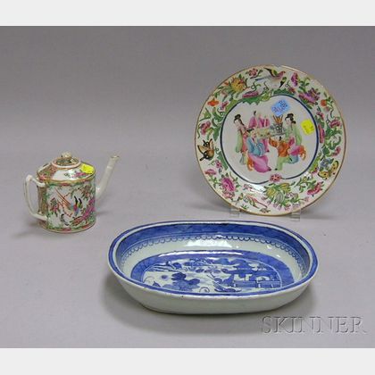 Chinese Export Porcelain Canton Serving Dish, Small Rose Mandarin Teapot, and Plate. 