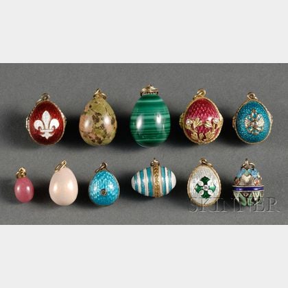 Eight Gold-washed Silver and Enamel Faberge-style Miniature Pendant Eggs