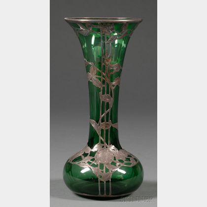 American Sterling Overlay Green Glass Vase