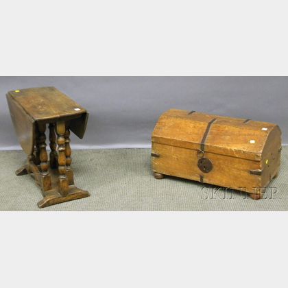 Small William & Mary-style Oak Drop-leaf Gate-leg Table and Provincial Iron-bound Pine Dovetail-constructed Dome-top Box with Bun Fe...