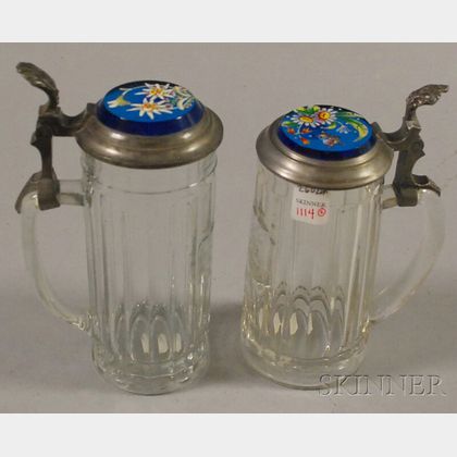 Two European Enamel Floral-decorated Turquoise Glass and Pewter-lidded Colorless Glass Steins
