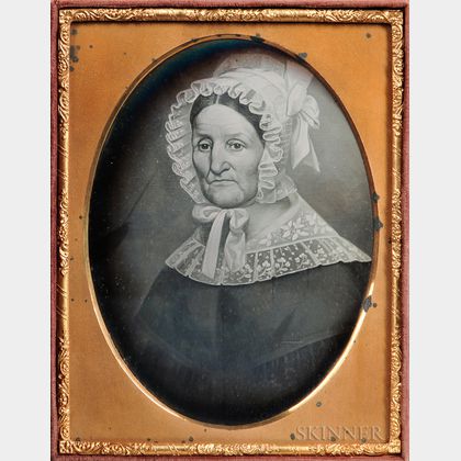 Half-plate Daguerreotype of a Folk Portrait of an Elderly Woman Wearing a Bonnet