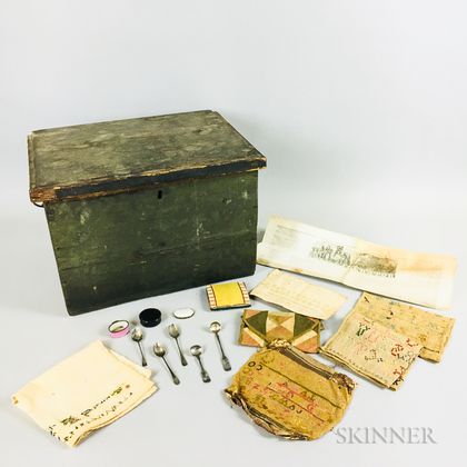 Green-painted Pine Box and Contents
