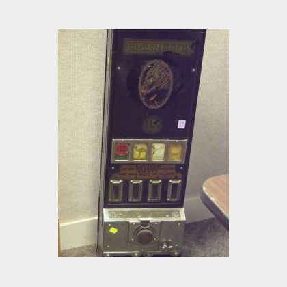 Vintage Painted Metal and Chrome 15 Cent Four-Brand Cigarette Wall Vending Machine. 