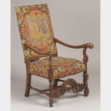 Baroque-style Needlepoint Tapestry Upholstered Carved Walnut Armchair. 