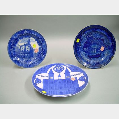 Two English Blue and White Transfer Decorated Staffordshire Plates and a Royal Copenhagen Blue and White Porcel... 