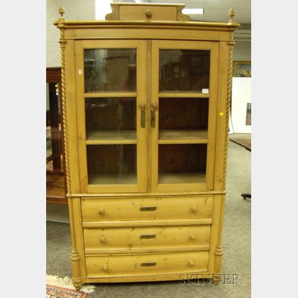 Continental Provincial Glazed Pine Cupboard over Three Long Drawers