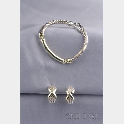 Sterling Silver and 14kt Gold Bracelet and Earrings, David Yurman
