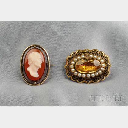 Two Antique Gold Gem-set Brooches