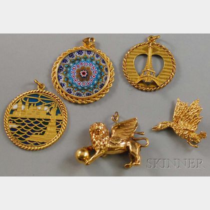 Five Gold Pendants and Brooches