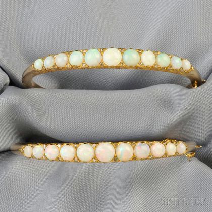 Two 14kt Gold, Opal, and Diamond Bracelets