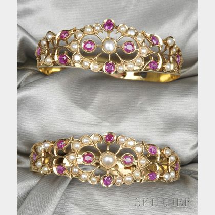 Two 14kt Gold, Ruby, and Cultured Pearl Bracelets