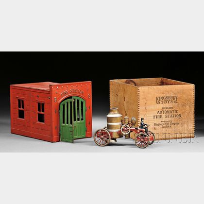 Kingsbury Toys Fire Station and Fire Pumper Truck in Original Wood Box