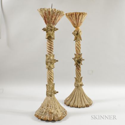 Pair of Spanish Carved Wood Altar Sticks