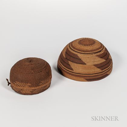 Northwest California Polychrome Basketry Hat and Bowl