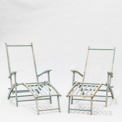Two Country Blue-painted Pine Deck Chairs. Estimate $20-200