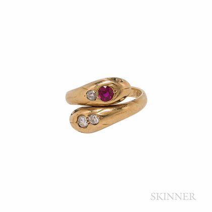 18kt Gold, Synthetic Ruby, and Diamond Snake Ring