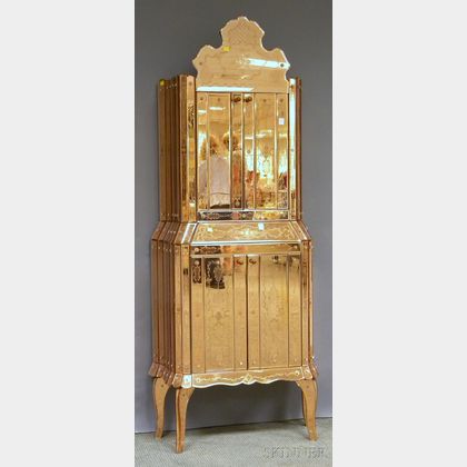 Venetian-style Etched Peach Mirrored Glass-clad Four-door Boudoir Cabinet