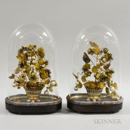 Pair of Cased Fabric, Glass, and Porcelain Floral Arrangements