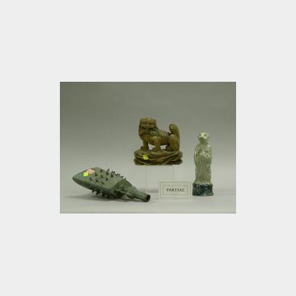 Asian Carved Wood Boat Model, Bronze Bell, Lion and Four Pottery Tomb Figures. 