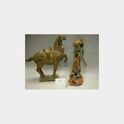 Tang-style Carved Giltwood Horse Figure and a Group of Southeast Asian Paper Puppets. 