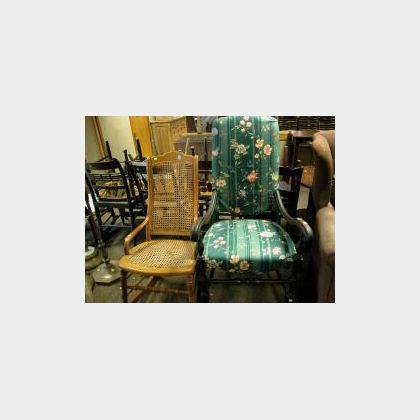 Queen Anne Style Upholstered Spanish-foot Chair and an Oak and Maple Caned Rocker. 