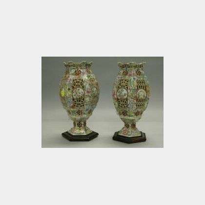 Pair of Chinese Reticulated Porcelain Marriage Lamps. 