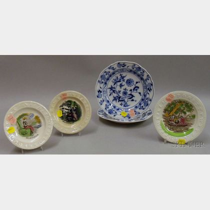 Three Alphabet Plates with Transfer Printing and Pair of Meissen Onion Plates