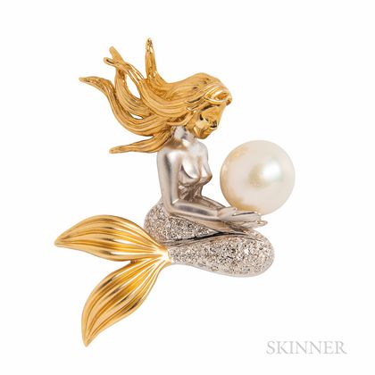 14kt Gold, Cultured Pearl, and Diamond Mermaid Brooch