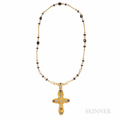 18kt Gold Gem-set Cross and Chain