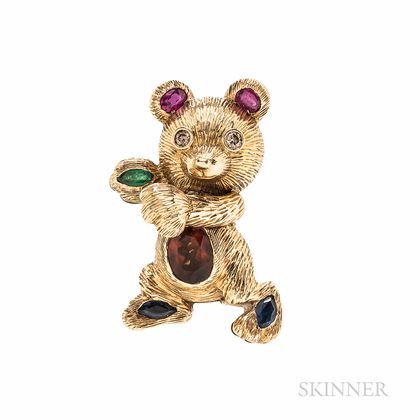 14kt Gold Gem-set Teddy Bear Pendant