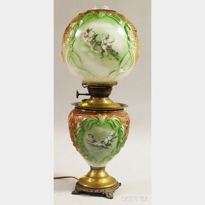 Late Victorian Painted and Transfer-decorated Molded Glass Gone-with-the-Wind Kerosene Table Lamp