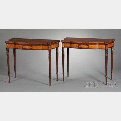 Pair of Federal Mahogany Carved and Flame Birch Inlaid Card Tables