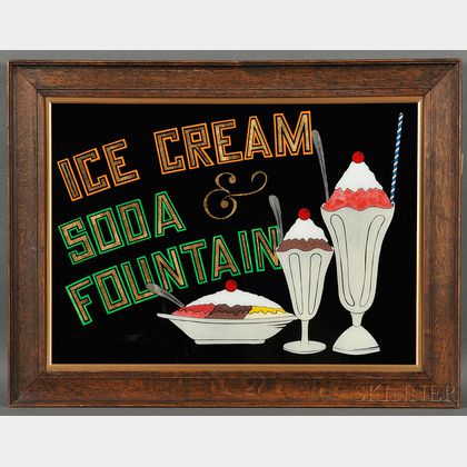 Reverse-painted "ICE CREAM & SODA FOUNTAIN" Sign