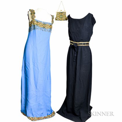Schiaparelli Black Silk Gown and a Blue Silk and Sequined Gown