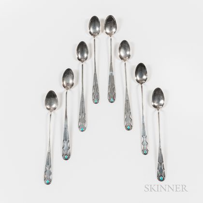 Eight Southwest Silver and Turquoise Spoons