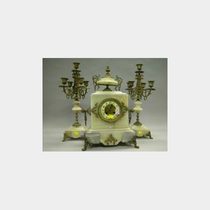 Three-Piece Camerden & Foster Louis XVI Style Gilt Bronze Mounted Onyx Clock Garniture Set. 