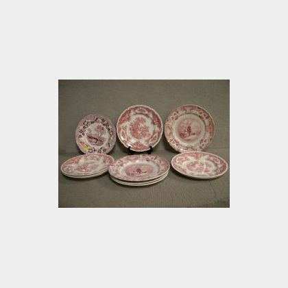 Eleven Red and White Transfer Staffordshire Plates