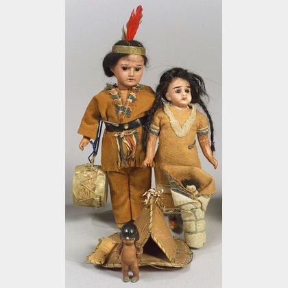 Two German Bisque Socket Head Indian Dolls, All-Bisque Baby and Teepee