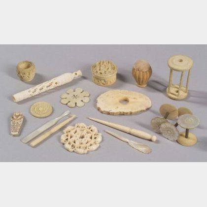 Approximately Thirty Ivory and Mother-of Pearl Sewing Accessories
