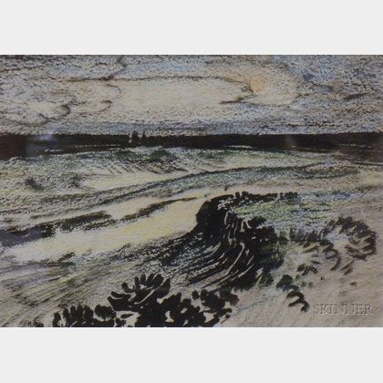 Framed Ink Wash and Pastel Drawing on Paper/board of a Coastal View with Dunes
