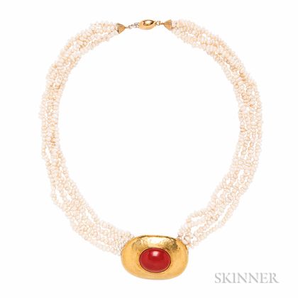 18kt Gold, Coral, and Freshwater Pearl Necklace